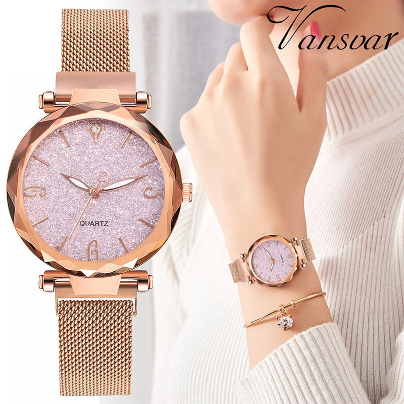 2019 Hot Sale Women Watches Fashion Luxury Magnetic Buckle Stainless Steel Strap Refractive surface Luminous Dial Quartz Watch