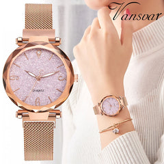 2019 Hot Sale Women Watches Fashion Luxury Magnetic Buckle Stainless Steel Strap Refractive surface Luminous Dial Quartz Watch