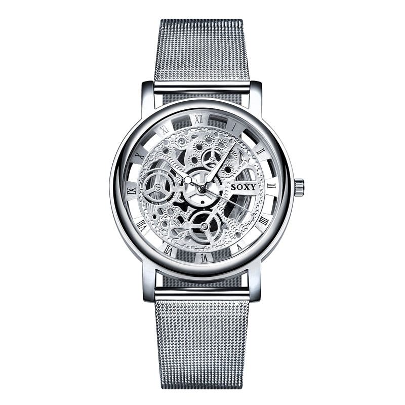 SOXY Watch 2019 Skeleton Wrist Watch Men Simple Style Mesh Belt Men Women Unisex Quartz Watches Hollow Watches relogio masculino